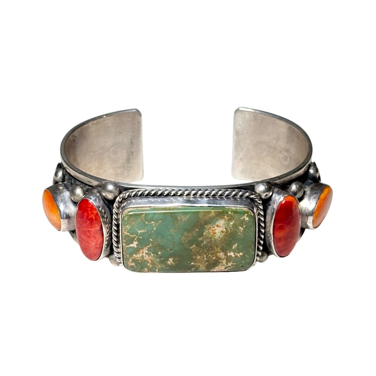 Navajo GUY HOSKIE turquoise & spiny oyster 5 stone bangle