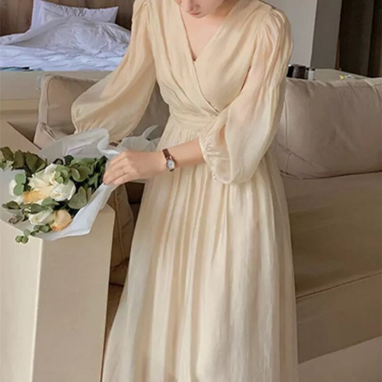 パフスリーブVネック伸縮性ウエストドレス32123