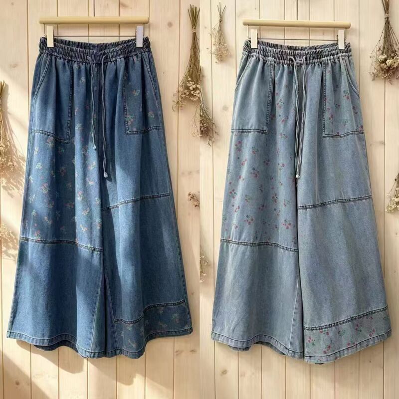 小花柄パッチワークデニムワイドフレアパンツ W2041