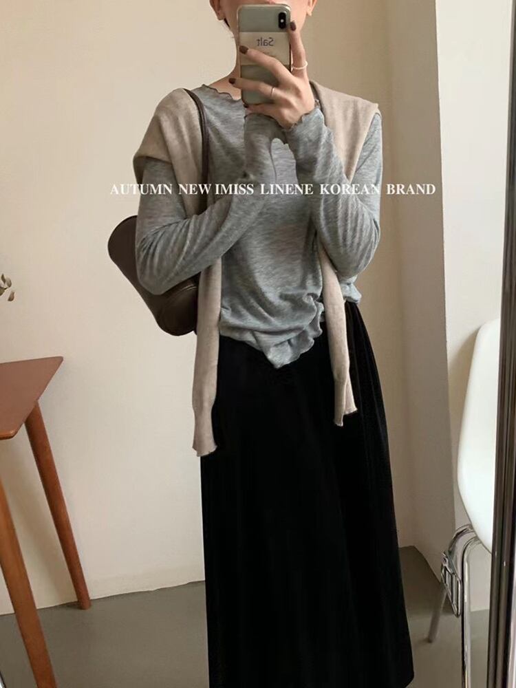 オータム薄手ルーズブラックラウンドネック長袖スリーブTシャツ ロング 秋物 Oネック ビッグFスモールZ韓国49747914380