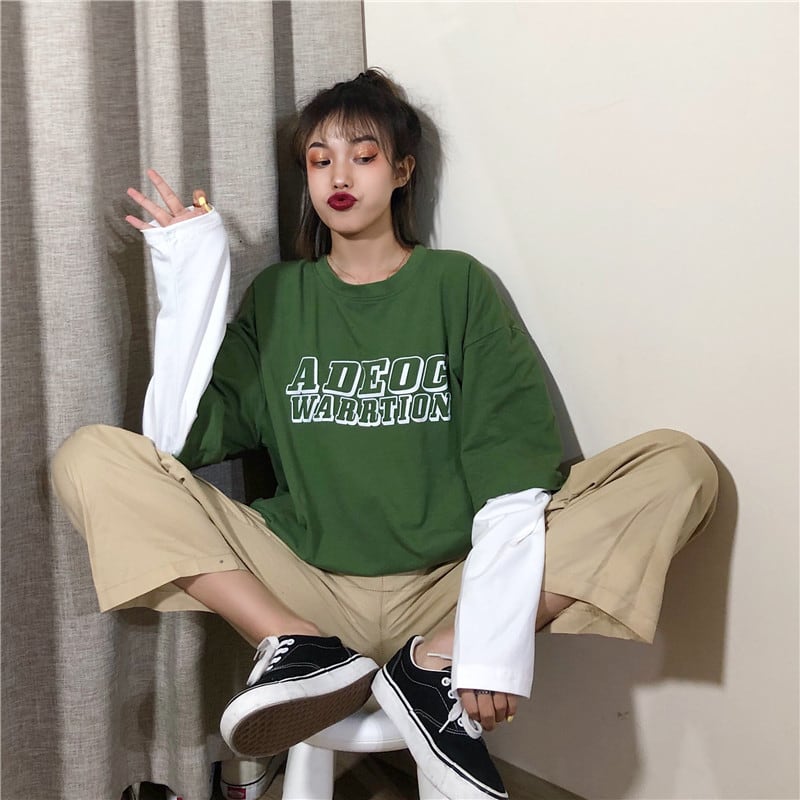 Tシャツ トップス Tシャツ レディースファション 新作 韓国風 シンプル デート ラウンドネック 長袖 ゆったり 大きいサイズ M L Ll 3l 可愛い 合わせやすい グリーン 緑 重ね着風 Elegant