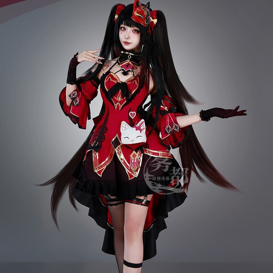 地雷系 サブカル狐面×ハートモチーフ 赤黒コスプレ衣装フルセット