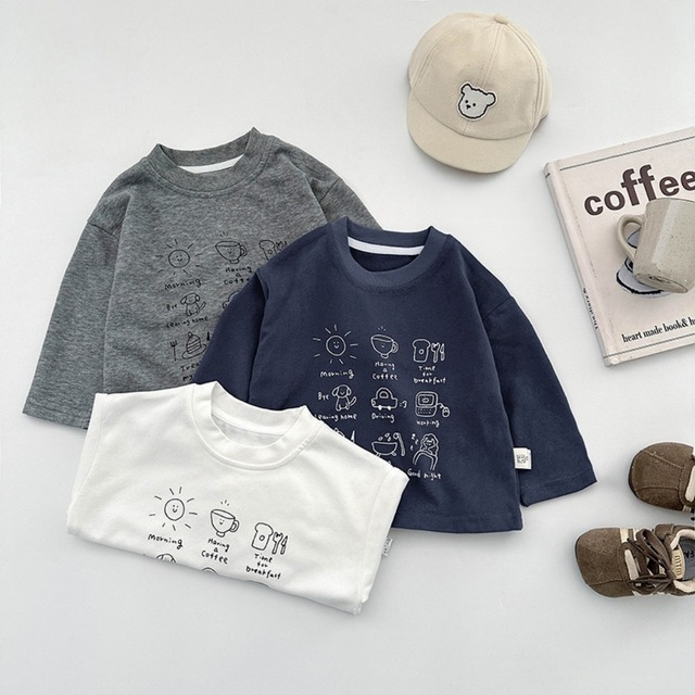 【90-140】秋カートゥーン英字柄物プリント長袖Tシャツ ベビー キッズ 男女兼用