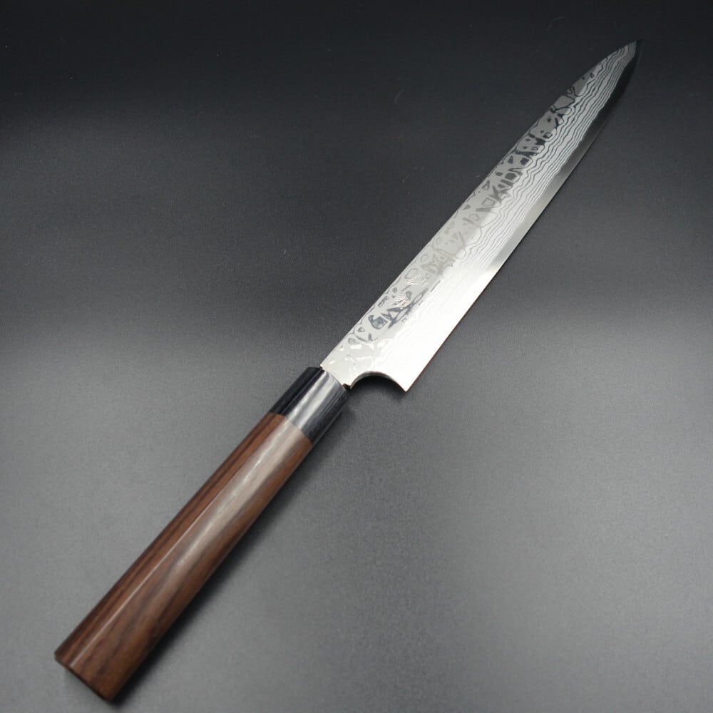 仙助 柳刃包丁 ダマスカス 安来鋼青紙2号 300mm 紫檀シノギ柄