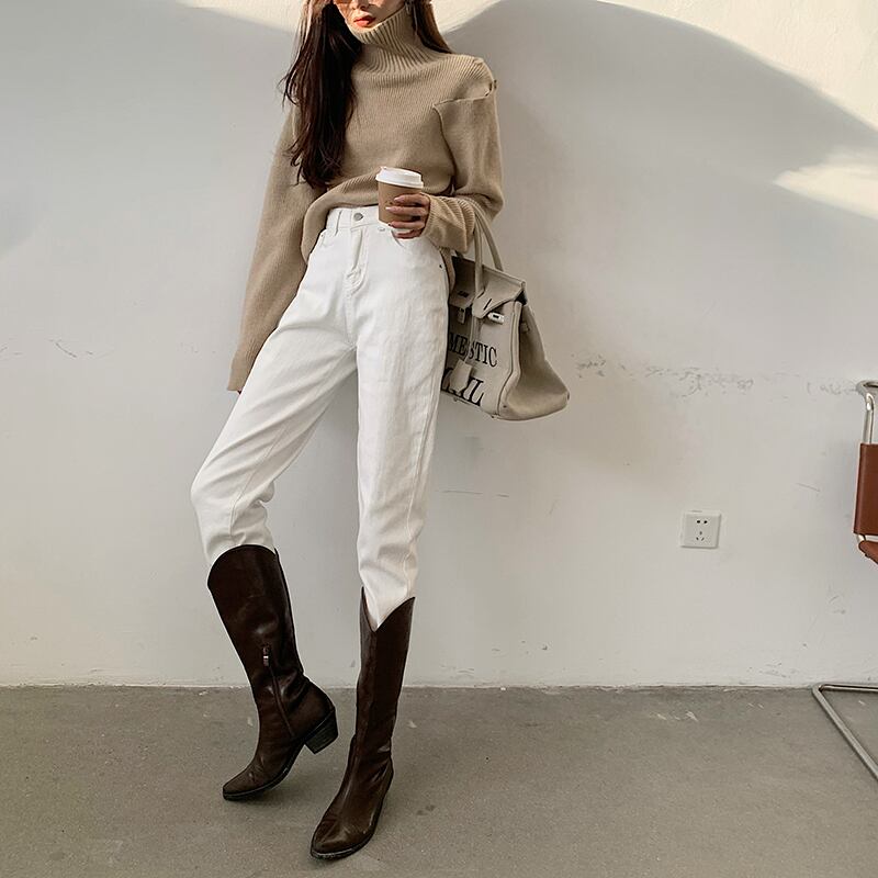 ジーンズレディースルーズスタイルウエストストレートスリムパンツ2020年秋冬ホワイトスリムパンツ ブラックストロベリース77665080232