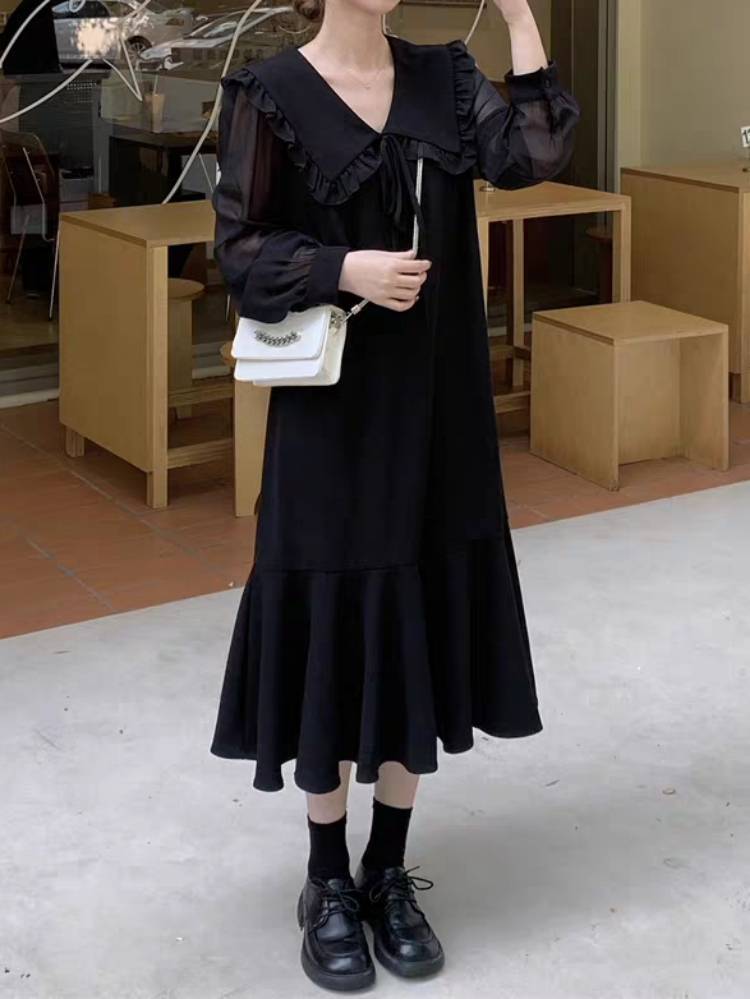 静かな存在感をまとう ロングフレアワンピース 大人可愛い セーラーカラー風 シフォン袖 お洒落 お呼ばれ 細見え 体型カバー 大きいサイズ 韓国 CH11558