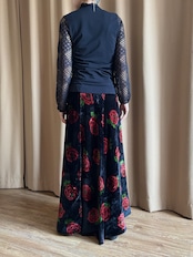 red rose pattern velour maxi skirt-5096-12