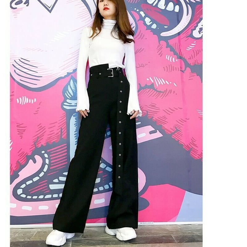 サブカル 服 地雷系 通販 モード系 ハイウエスト ワイドパンツ ストレート ウエストベルト 大人きれい ゴシック 韓国ファッション