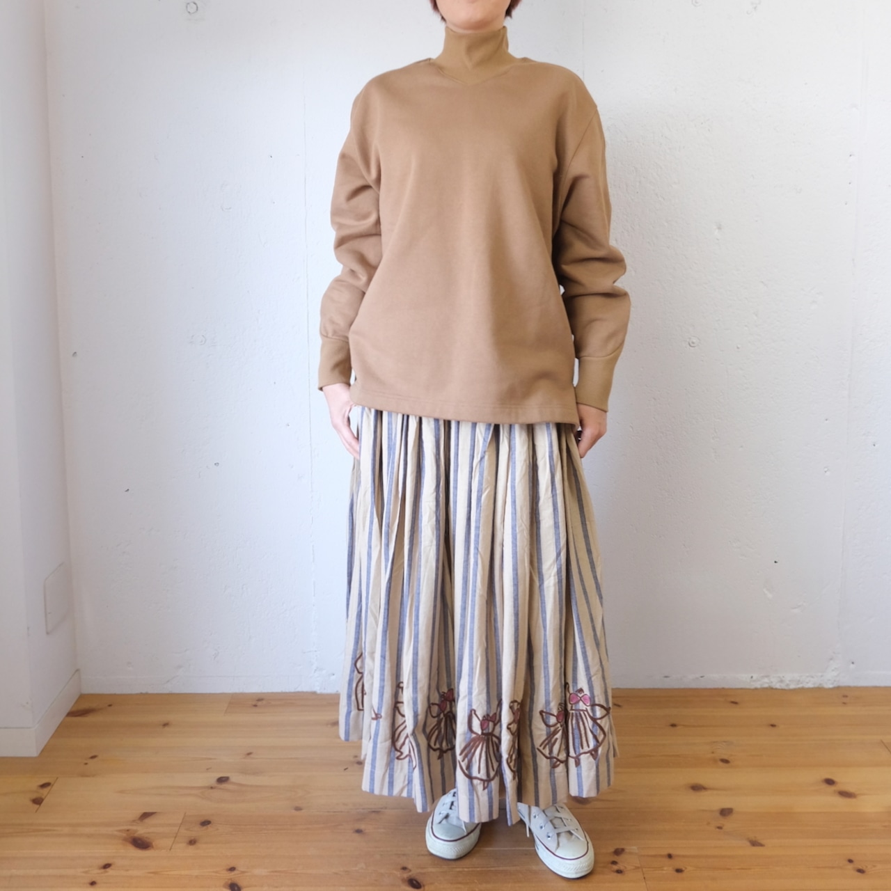 BUNON(ブノン) Hand Print & Dance Embroidery Balloon Skirt ストライプ+刺繍 スカート