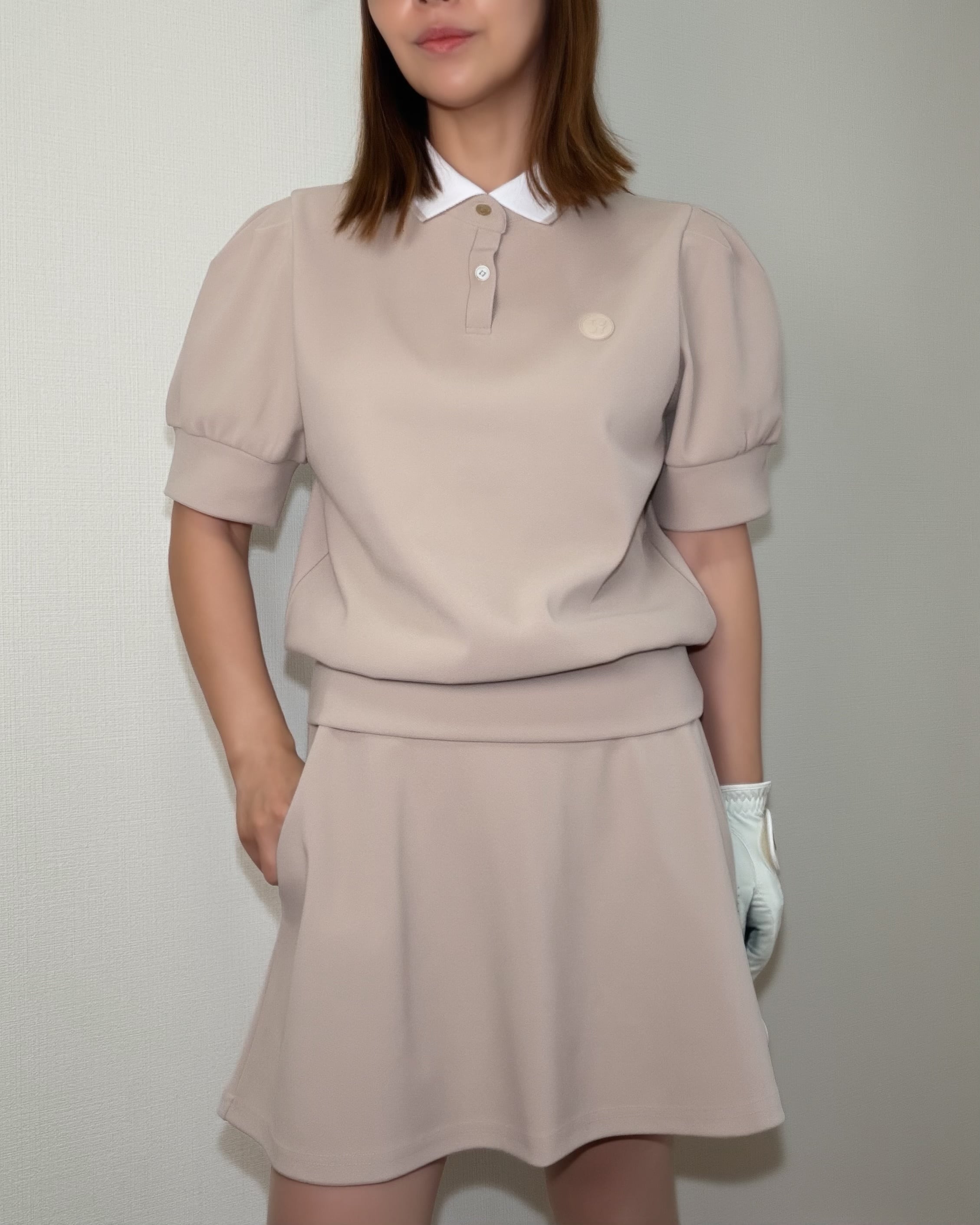 *即納* Active Puff sleeve Polo(Beige / Black )【セットアップ可能・上下別売り】