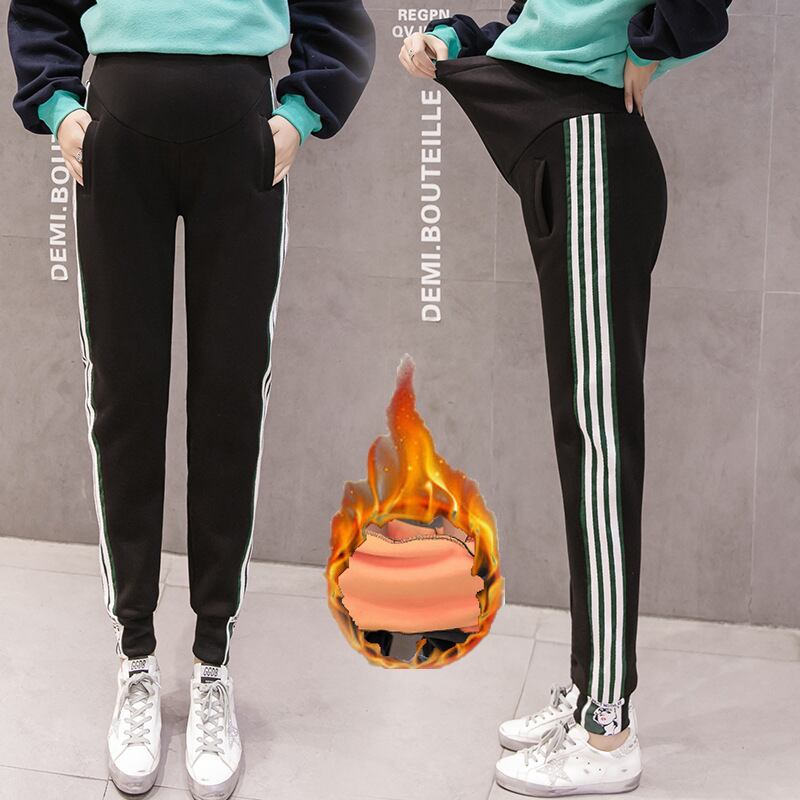 【新作】【送料無料】 マタニティウェア2019冬の新しいカジュアルプラスベルベットの厚いスポーツパンツバージョンのサイドリブ妊娠中の腹サポートパンツ-アリババ ウィンター 冬物 expec227445125581