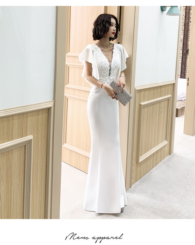 上品！オフホワイト マーメイドライン パーティードレス 姫袖 細見え  