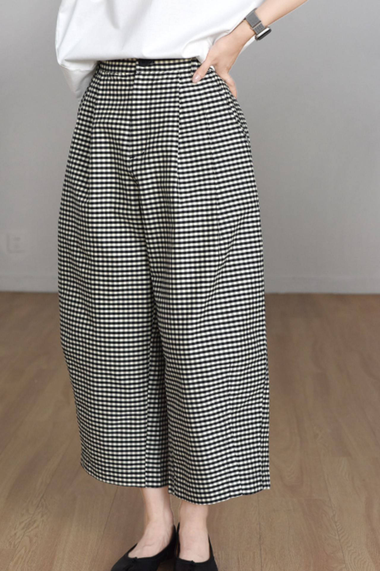 シルクコットン混紡 チェック柄 9分丈パンツ