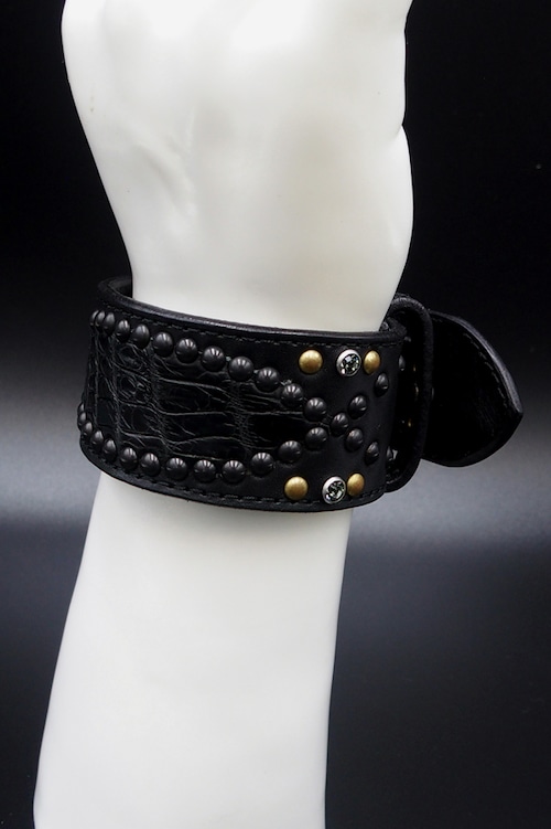 Item No.0224： Snake on Snake Bracelet/Black Crocodile/Black Studs/White Swarovski