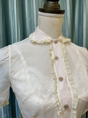 50's vintage flower button pink lace  nylon  blouse