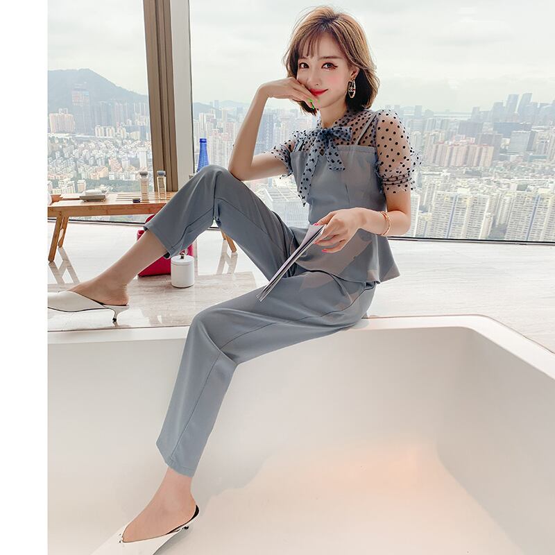 水玉メッシュトップス パンツ スプリング リボン 春物 ステッチ MIUCO45275726692