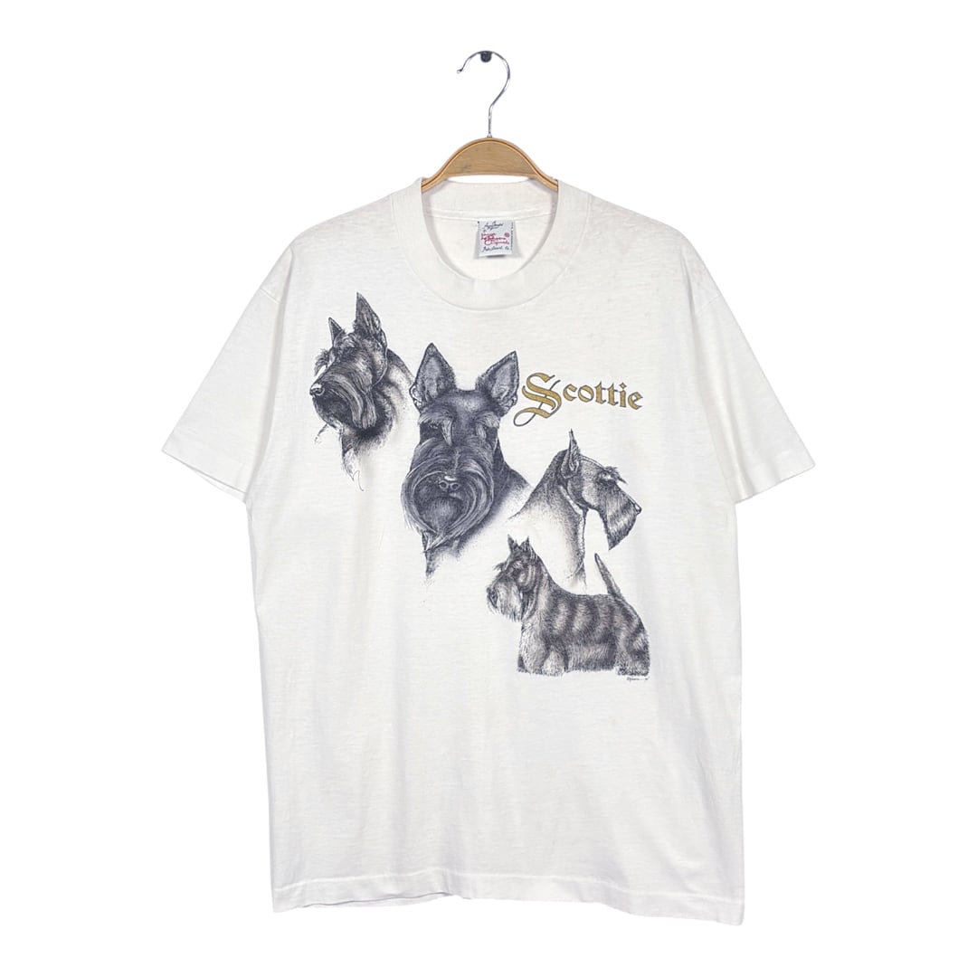 90s スコティッシュテリア USA製 ヴィンテージ Tシャツ アニマルプリント ホワイト シングルステッチ サイズL BZ0629