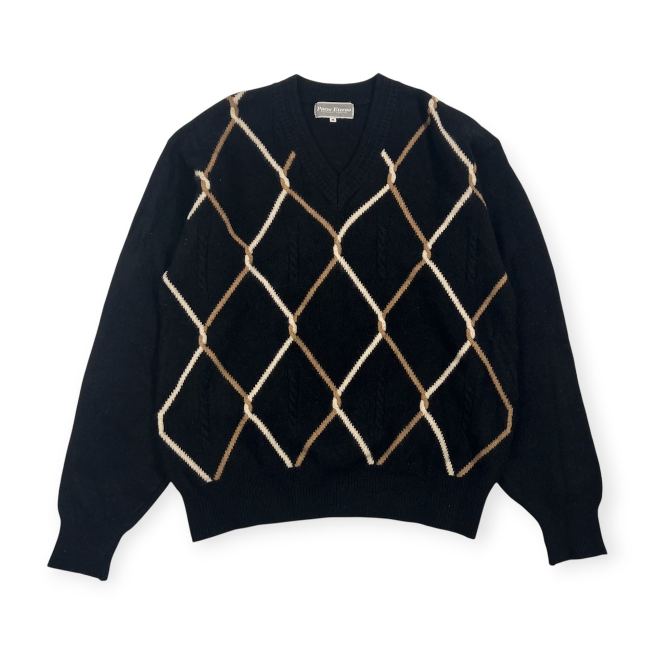 カシミヤ100% Paese Eterno パッセエテルノ Vネック デザイン ニット セーター M/ブラック メンズ