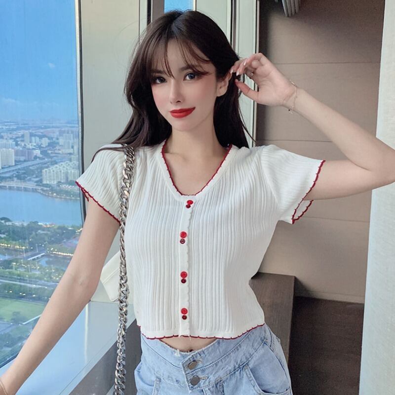 サマースタイルVネックカラースリムニットショーツ ブラウス レディース 夏物 ブルマー ハンチェンe1579504374