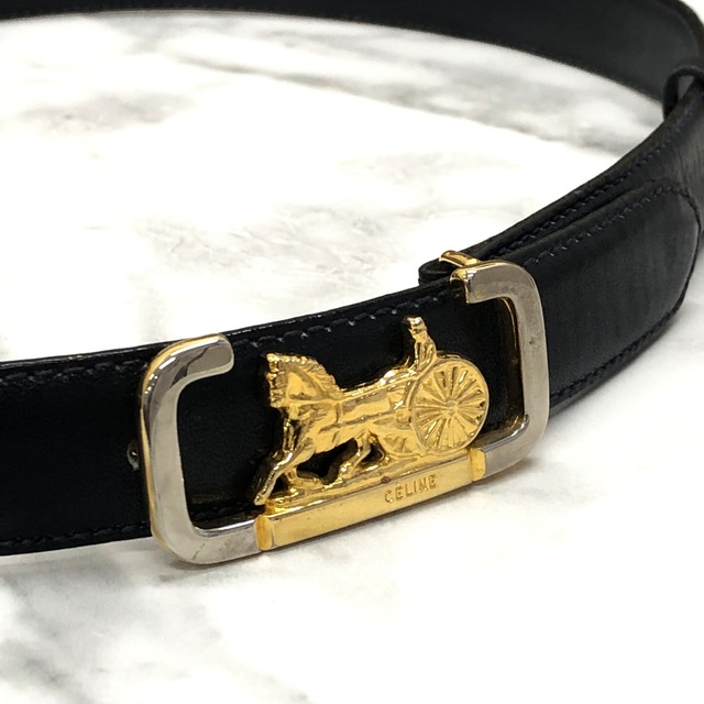 CELINE セリーヌ ホースキャリッジ レザー ベルト ネイビー vintage ヴィンテージ オールド zmr5za