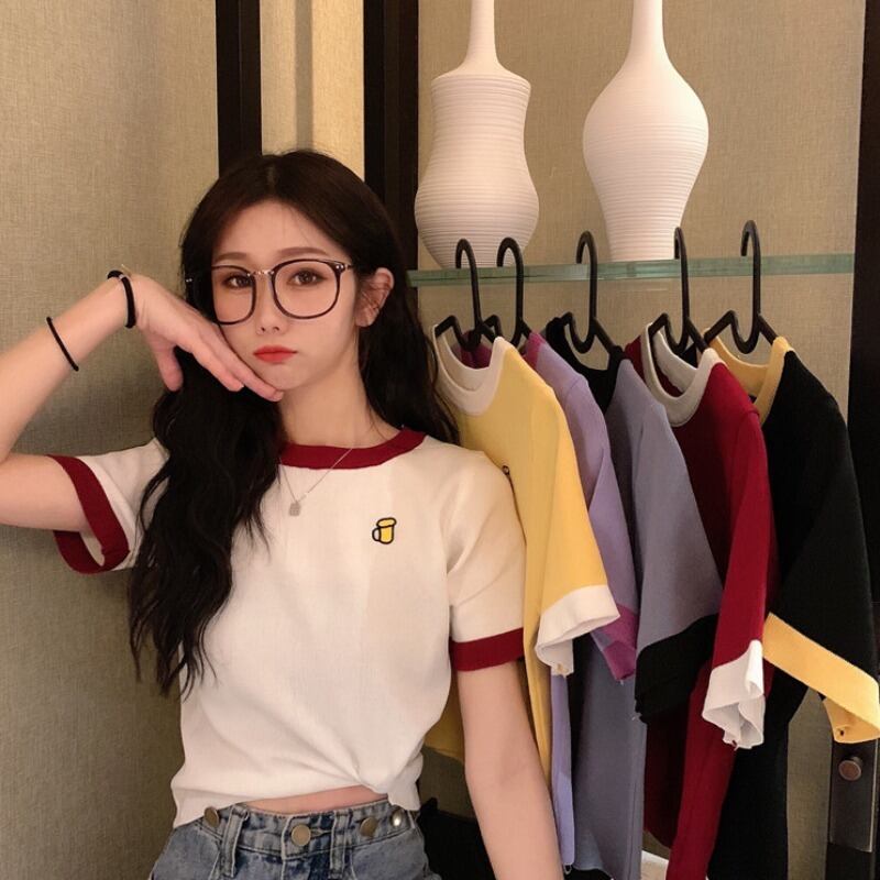 学生2020年夏のワイルドショートニットカラーコントラスト刺繡半袖Tシャツホワイトトップの新しい女性バージョン 1号婦人65051597273