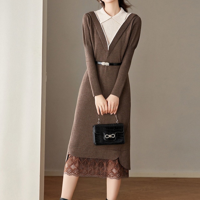 重ね着風Vラインニットワンピース Me1669