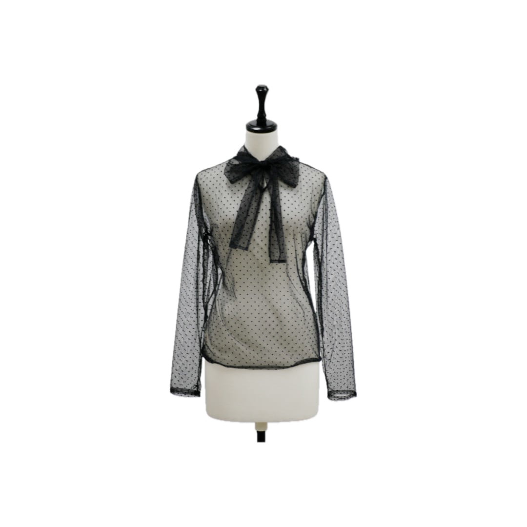 Sheer dot neck ribbon blouse
