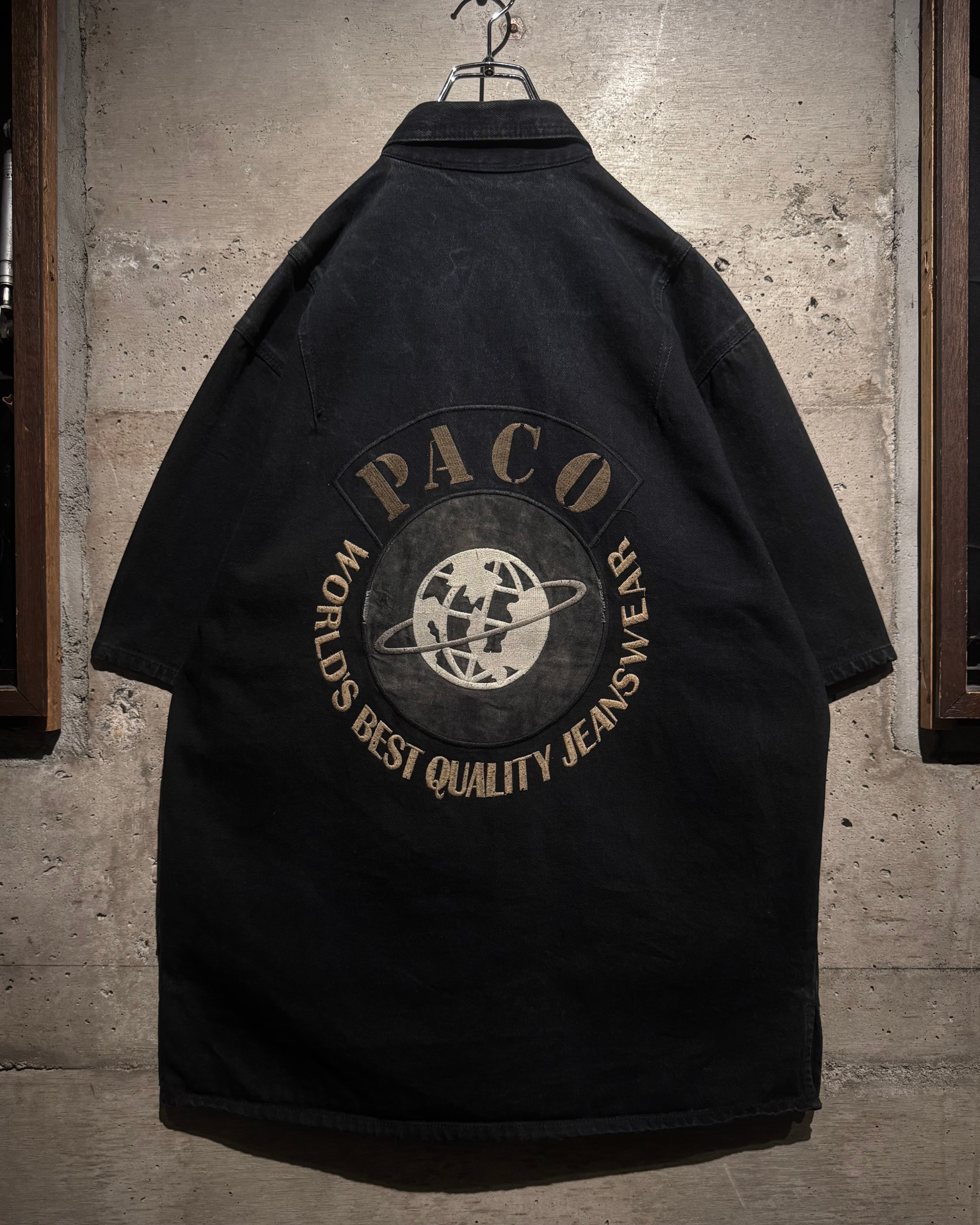 Caka】“PACO SPORTS” Logo Embroidery Vintage S/S Black Denim Shirt