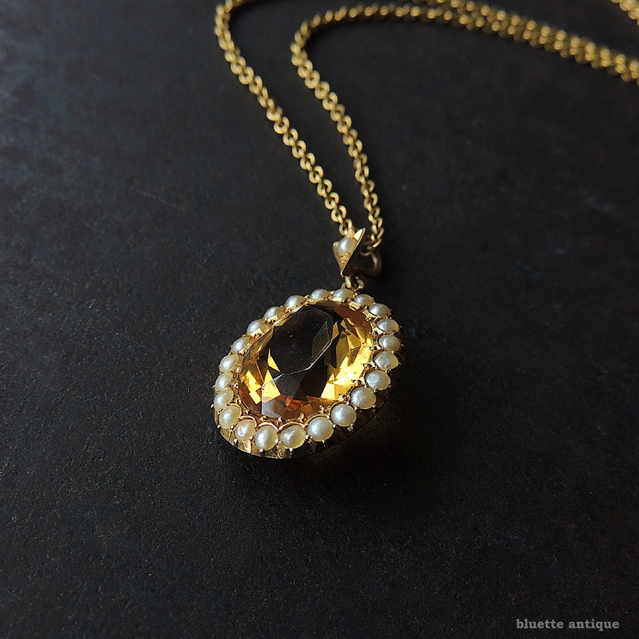 英国アンティークジュエリー 15ctゴールド 天然シトリン 真珠 オーバル ペンダントトップ（ソーティングメモ付）
