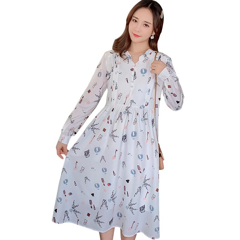 【新作】【送料無料】 マタニティ服Vネックフラワープリントミッドロング春秋ルーズスタイリッシュドレス妊婦プラスサイズママドレス 大きめサイズ スプリング 春物 オータム 秋物 フラワーデザイン AL expec397466482112