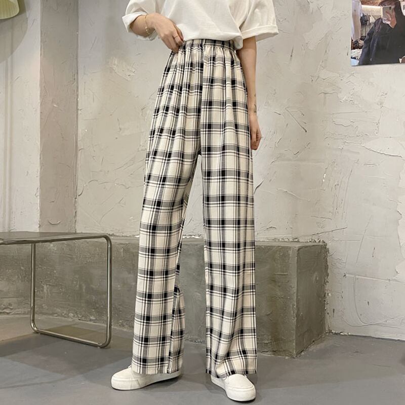 格子柄カジュアルパンツ サマー薄手ハイウェストウェストスリムルーズ 夏物 スーパーモール3668096825