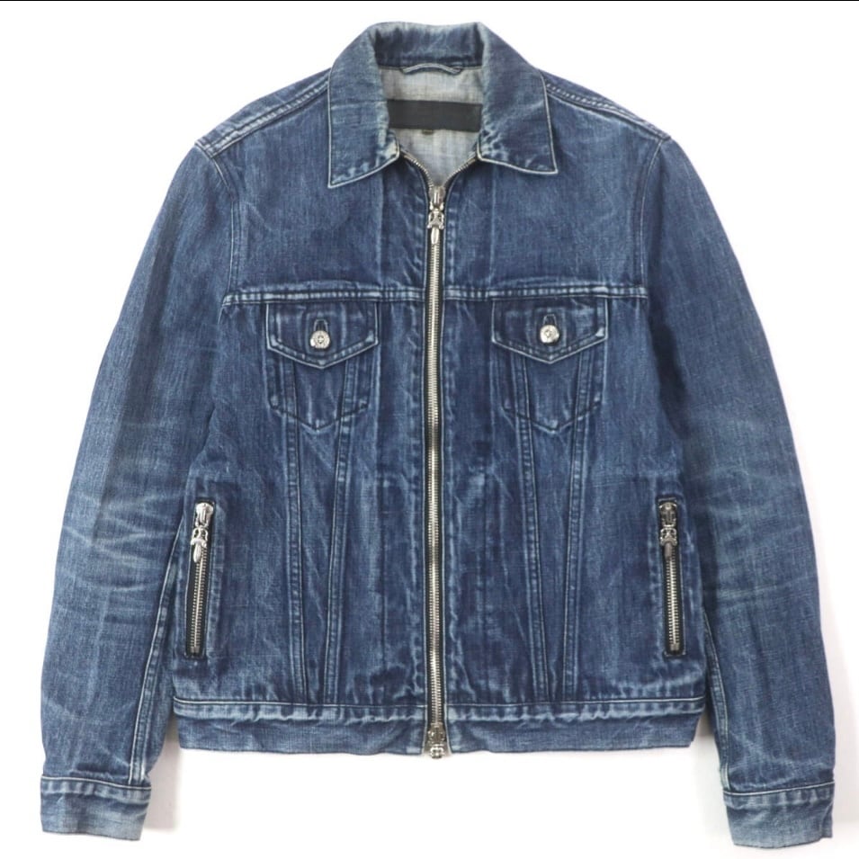 CHROME HEARTS クロムハーツ コットン ラムレザー 袖 ダガージップ デニムジャケット ブルー