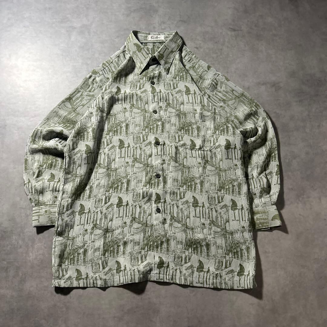 ヴィンテージ グリーン アートパターン デザイン レトロ 総柄 シャツ