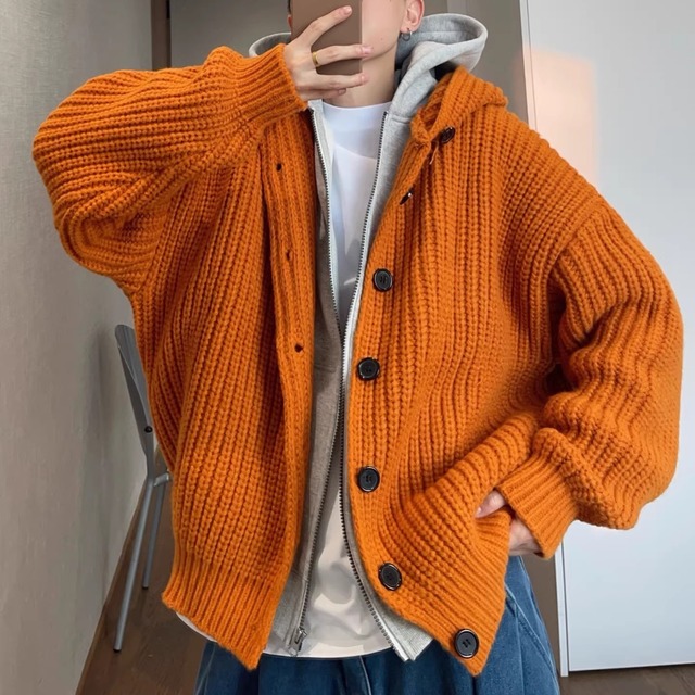 Heavyweight 1.5kg Chunky Knit Hooded Button Sweater Jacket (FD079)