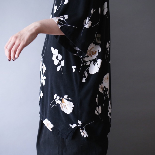 black base flower art pattern over silhouette open-collar l/s shirt