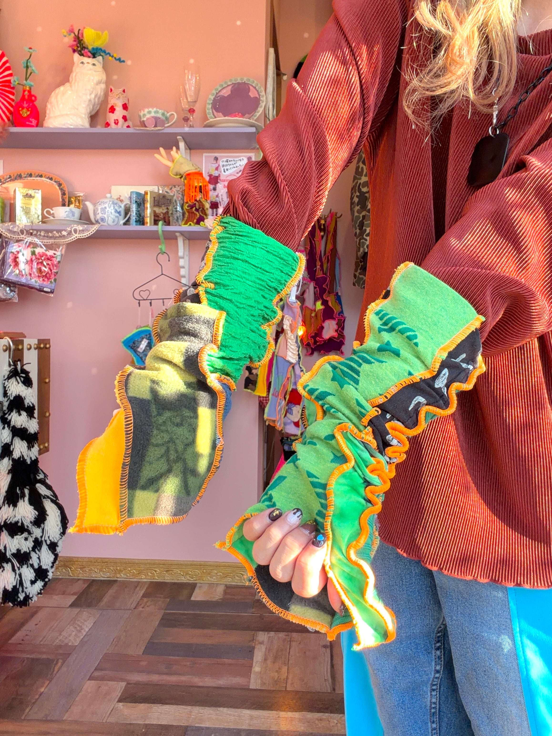 ■patchwork arm cover(long)■green furifuri