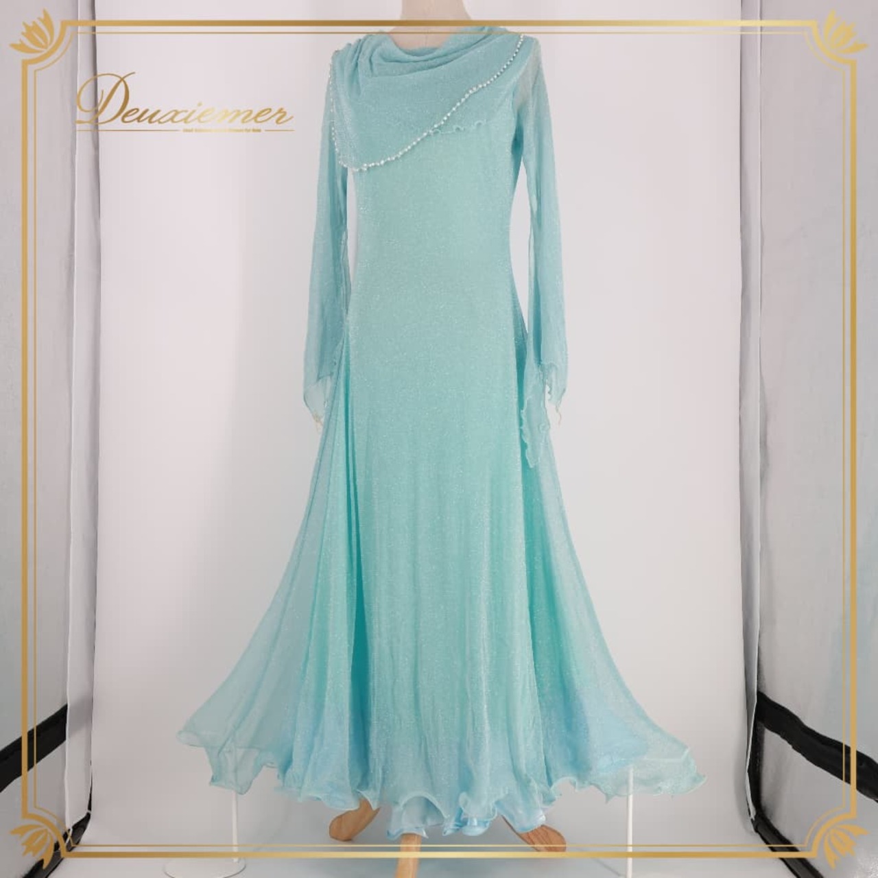 社交ダンス 衣装 prima boutique プリマブティック ドレス ワンピース ブルー系 グリーン系 レース ラメ ビーズ 伸縮 ストレッチ 上品 かわいい 青 緑 フリル ダンス衣装 イベント ステージ パーティー キラキラ
