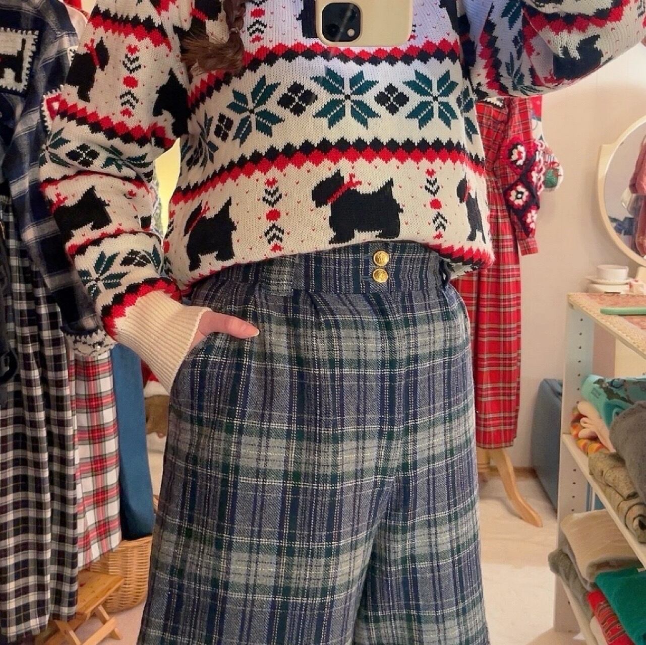 gold button blue check pants