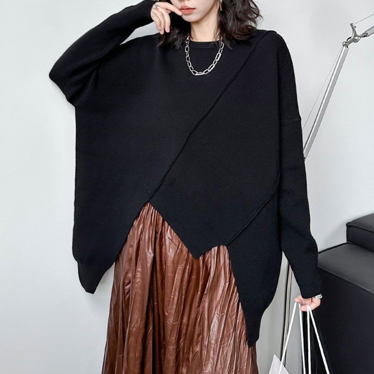 アシンメトリーヘム クルーネック オーバーサイズ ニット 2color PU0511