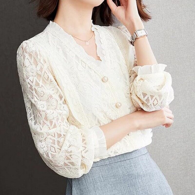 Vネック長袖レースシャツ Me0385