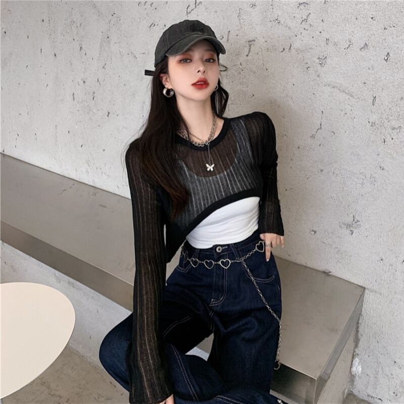 アイスシルクショート長袖セーターレディース秋薄2020新作アウター日焼け止めブラウスブラックトップ ブラックストロベリース64852528333