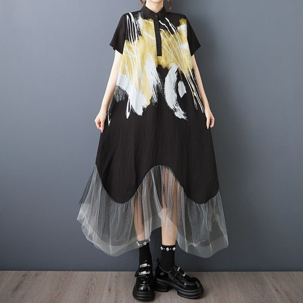 抽象柄 メッシュヘム ワンピース  30250