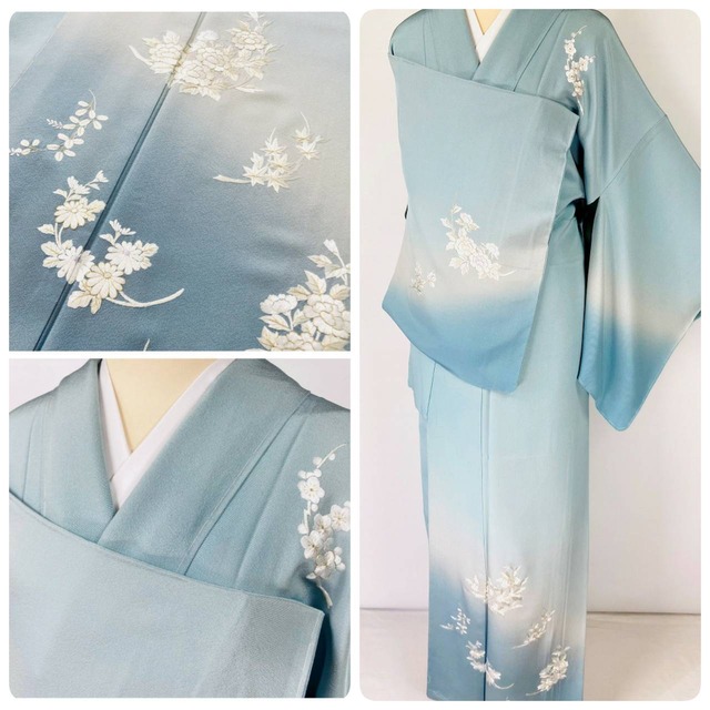 未使用 総刺繍 手刺繍 訪問着 花柄 金糸 水色 ブルー 白 863 | kimono 
