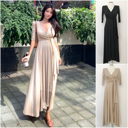 半袖ロングワンピース ラップドレス Vネック フレアスカート ハイウエスト 無地 ロング丈 春服秋服 おしゃれ エレガント 楽ちん Aラインスカート 可愛い きれいめ お呼ばれ レディースワンピース