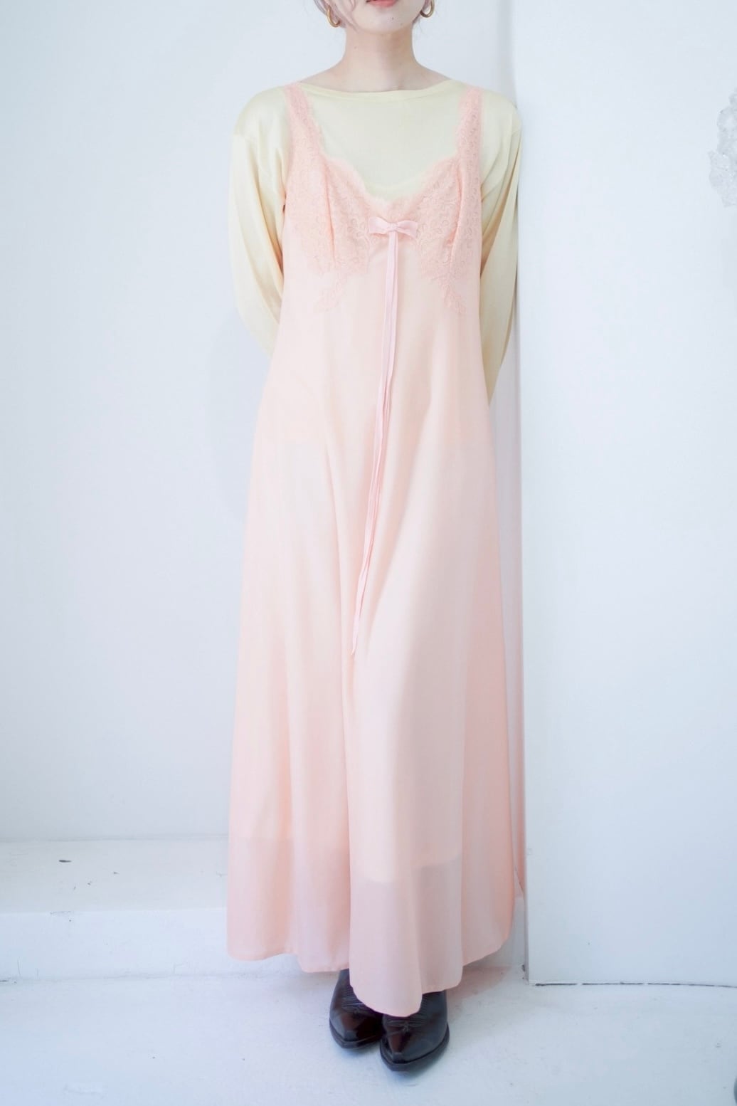 pink ribbon long lingerie dress