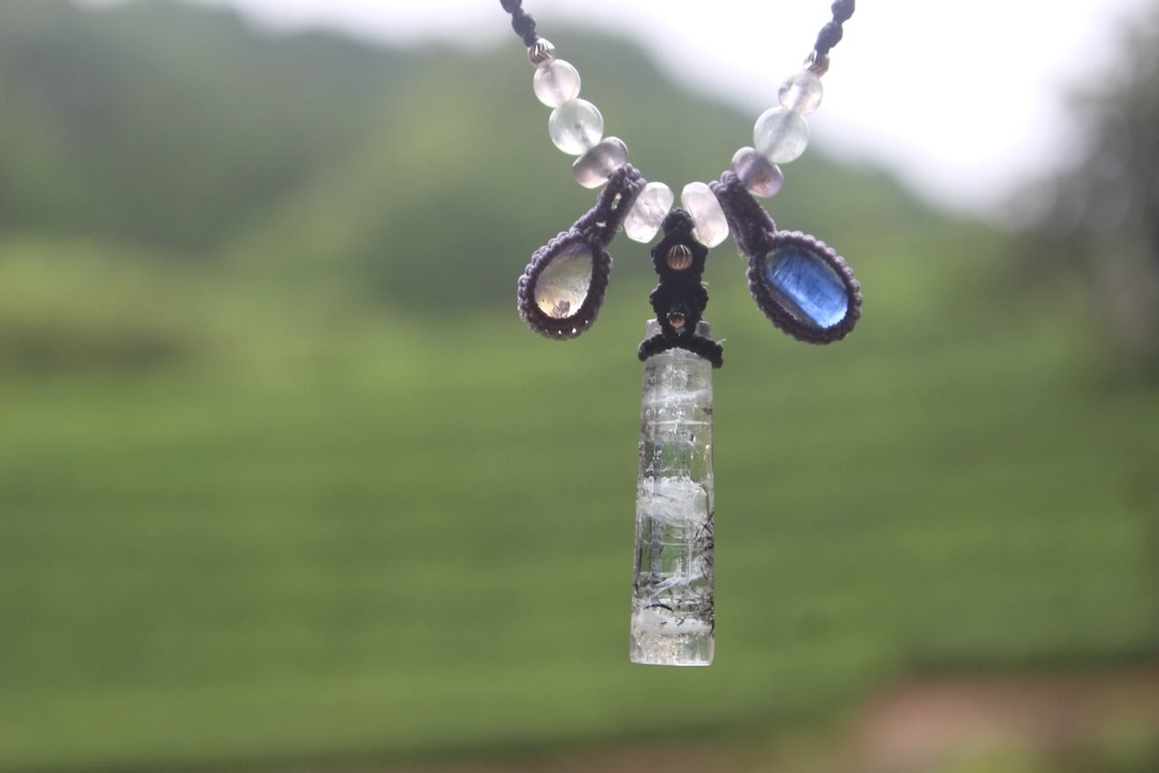 Aqua marine & Rainbow moonstone & Kyanite micro macrame necklace