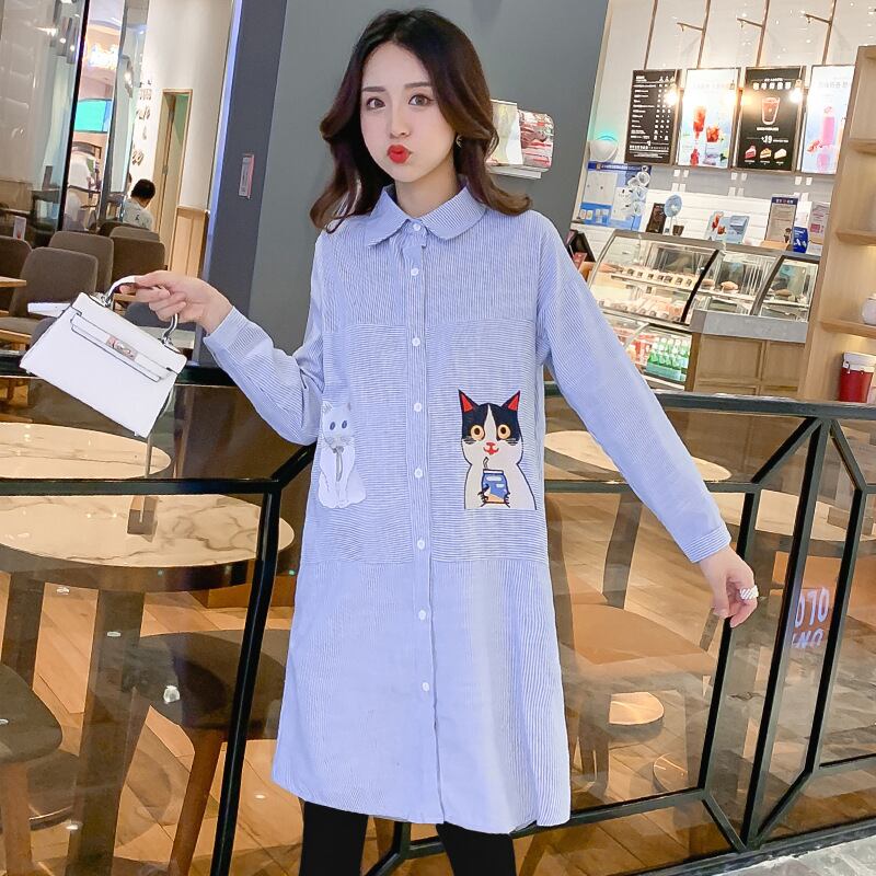 【新作】【送料無料】 マタニティドレス2019秋の縞模様の刺繍ルーズマタニティドレス新しい襟プラスサイズのマタニティドレス-アリババ 大きめサイズ オータム 秋物 ストライプ expec266958228272