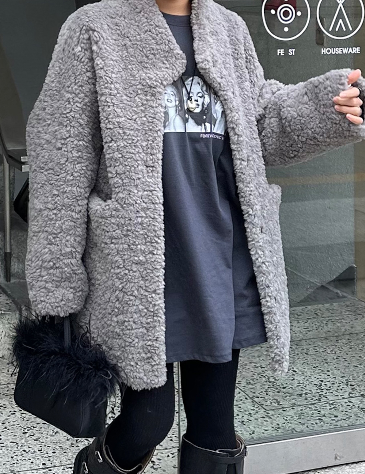 【新作5%OFF・3日間】Middle-neck Half Boa Coat_2colors