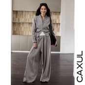 Gray Double Zip Knit Jacket & Wide Pants SET-UP