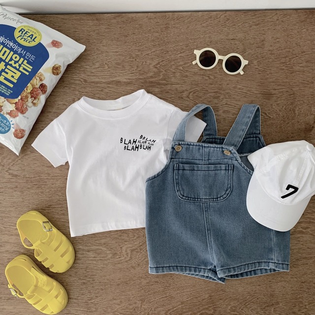 【セット】英字ロゴ半袖Tシャツデニムサロペットセット - 4